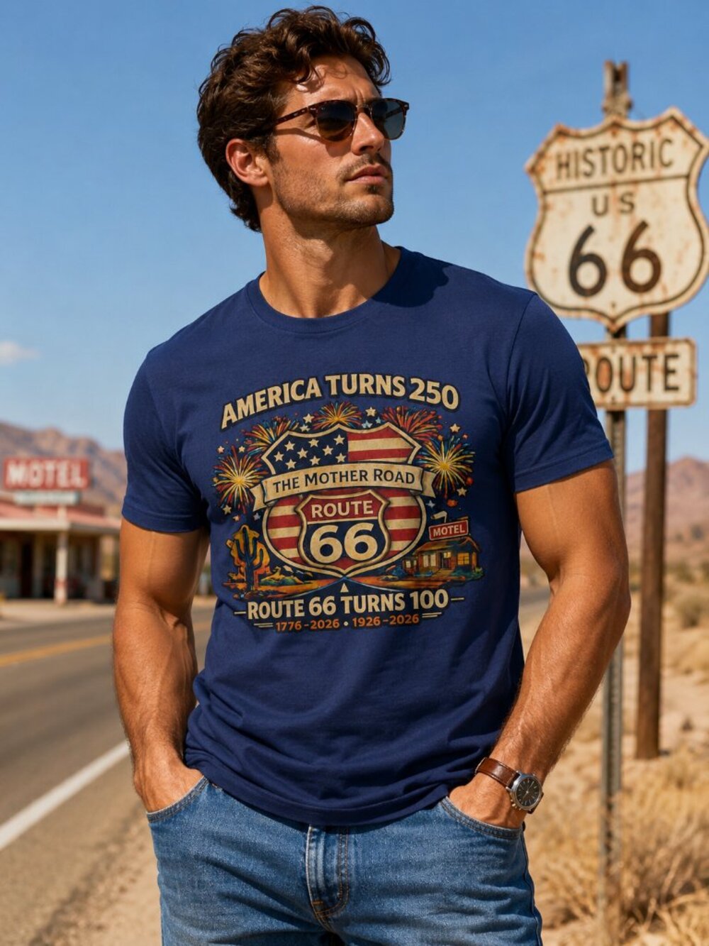 AMERICA turns 250 shirt, ROUTE 66 centennial retro patriotic USA Tee - Picture 7 of 8